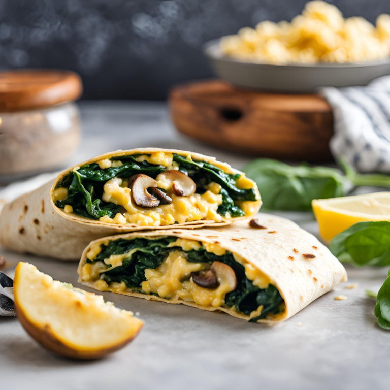 A spinach and mushroom breakfast wrap cut in half, showing vibrant scrambled eggs, spinach, and mushrooms.