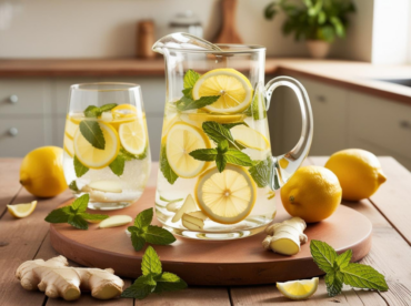 A pitcher of detox water with lemon, ginger, and mint, surrounded by fresh ingredients and ice cubes on a wooden table.