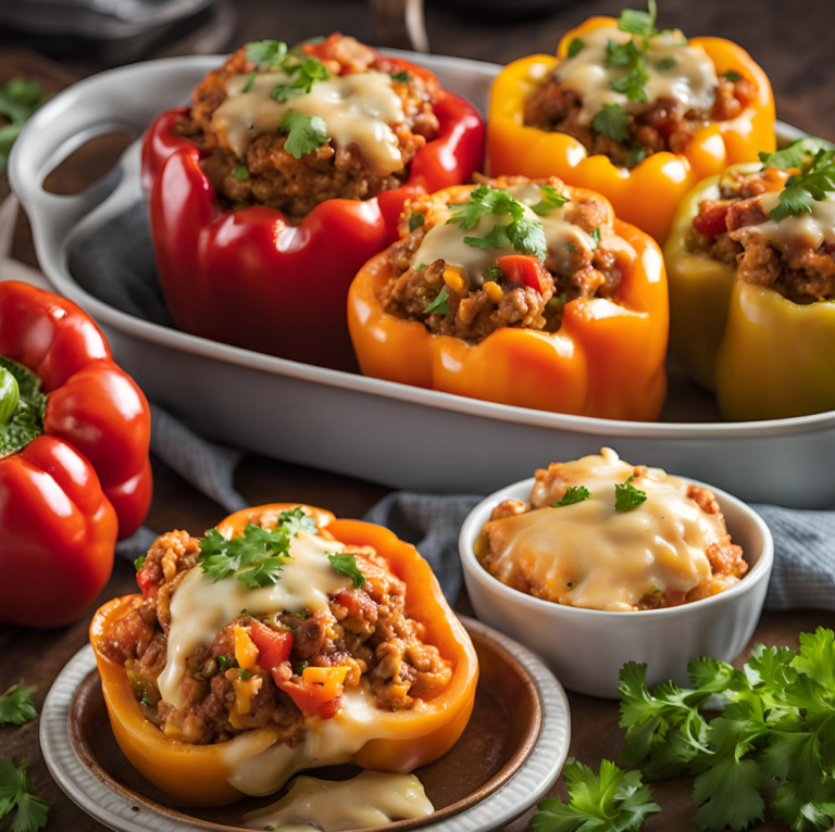 Stuffed bell peppers with melted cheese, served in a baking dish with a smaller bowl of filling on the side.