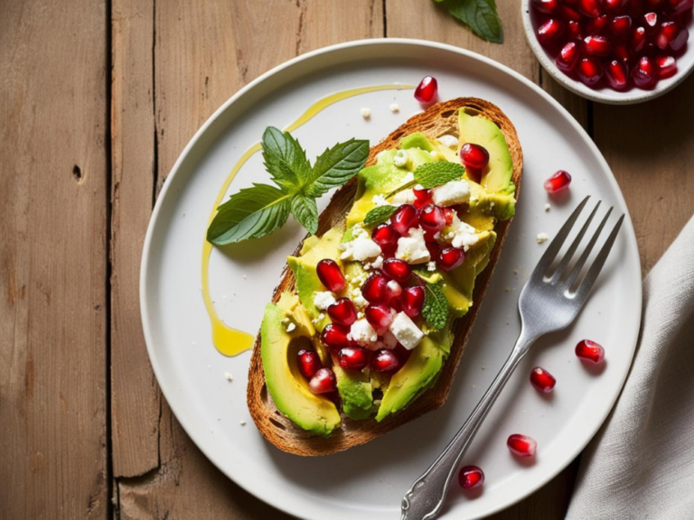 Two slices of avocado toast topped with mashed avocado, pomegranate seeds, feta cheese, and fresh mint on a white plate. A glass of orange juice and a bowl of pomegranate seeds are in the background, creating a fresh and inviting breakfast scene.