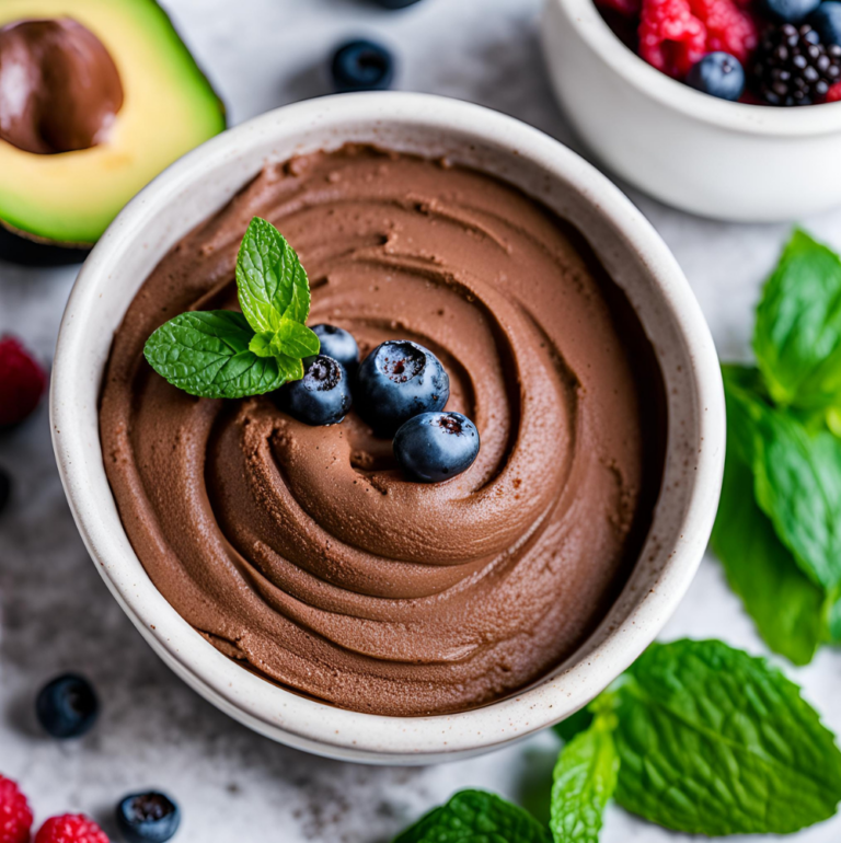 A ceramic bowl of chocolate avocado mousse decorated with blackberries, raspberries, and mint leaves on a textured gray background.