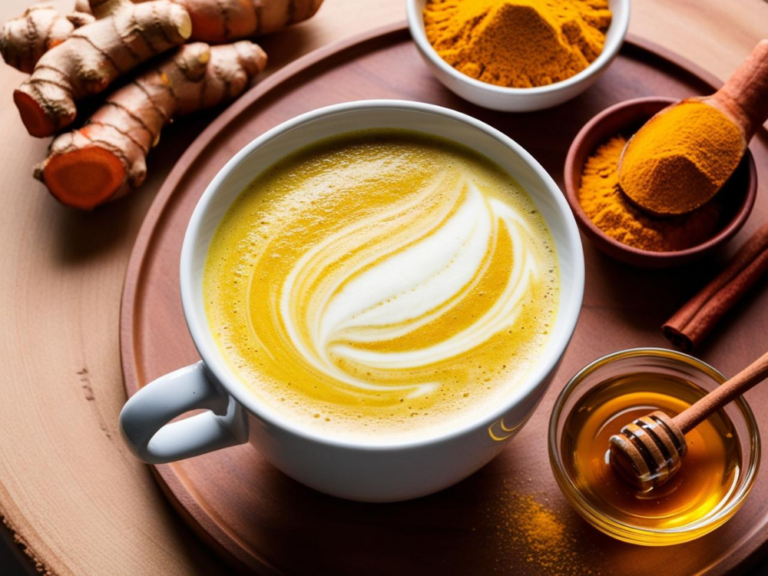 Top-down view of turmeric latte with a frothy swirl, turmeric roots, and honey.