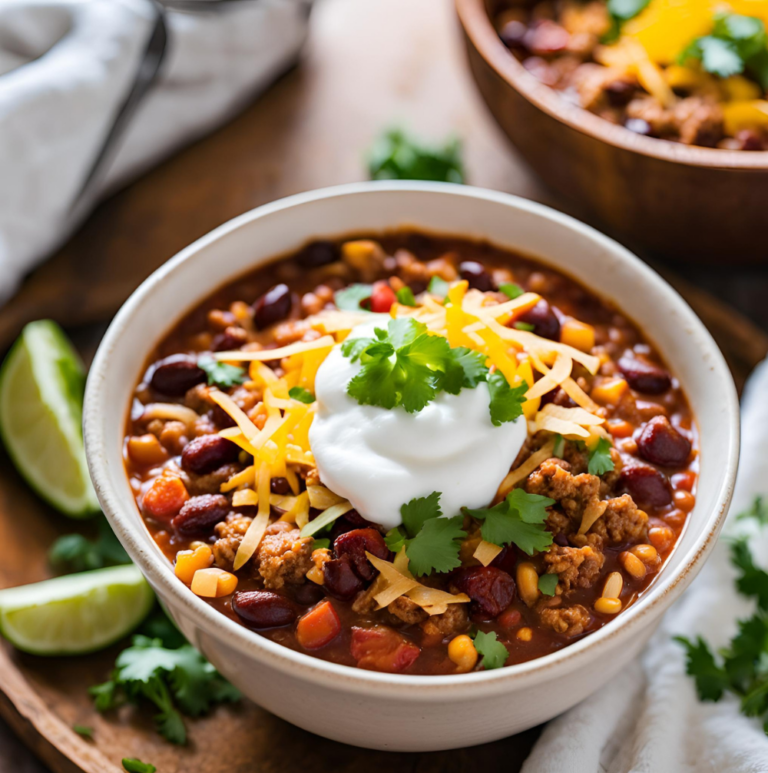 A bowl of turkey chili served with sour cream, cheese, and fresh herbs.