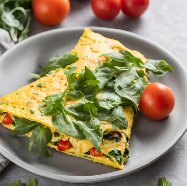 A spinach and tomato omelette served on a gray plate with fresh spinach leaves and cherry tomatoes.