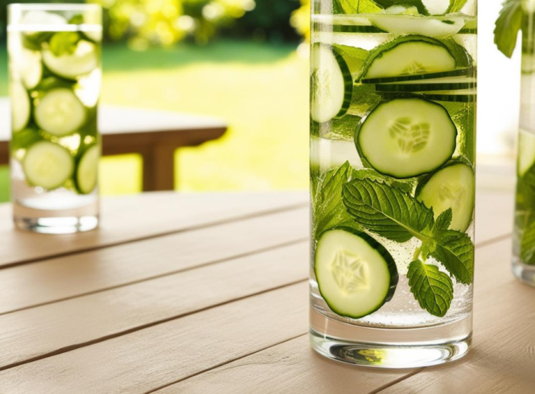 Tall glass of cucumber mint water on a wooden table with a garden background.