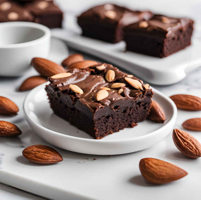 A single almond flour brownie on a white plate, surrounded by whole almonds and styled on a white marble countertop.