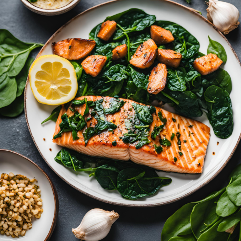 Grilled salmon with sautéed spinach and roasted sweet potatoes, garnished with a lemon wedge.