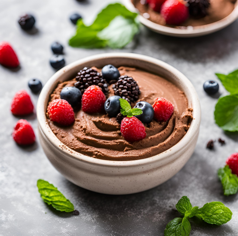 A bowl of creamy chocolate avocado mousse topped with berries, mint, and lime on a marble counter.