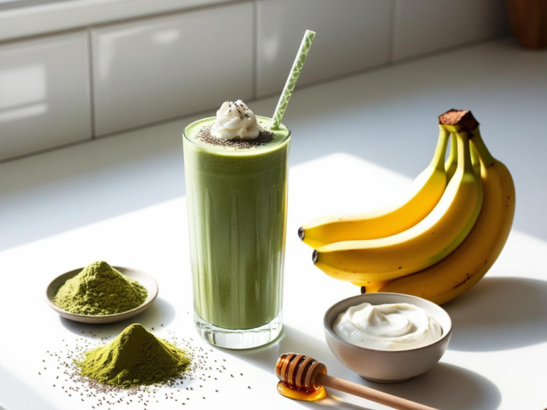 Matcha Green Tea Smoothie with whipped cream and a bamboo straw, set on a bright kitchen counter with bananas and matcha powder.