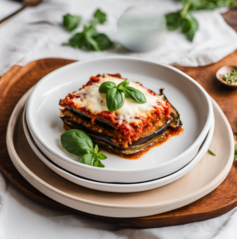 A serving of Eggplant Parmesan on a wooden plate, garnished with fresh basil.