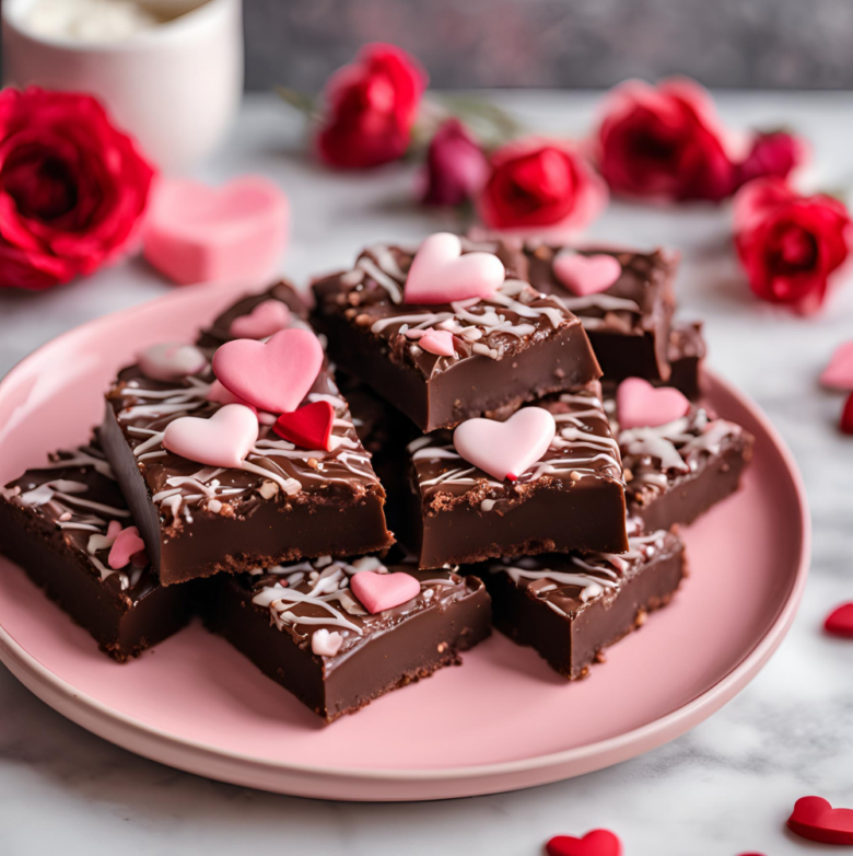 Pink plate with stacked Dark Chocolate Coconut Bars decorated with white and pink sprinkles, set with roses.