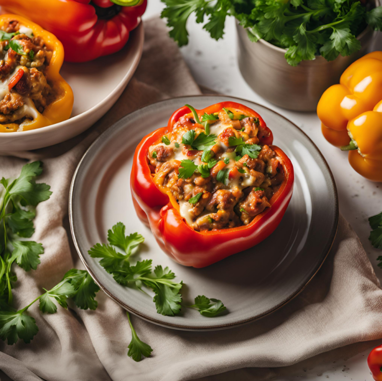 A red stuffed bell pepper filled with lean turkey and melted cheese on a plate surrounded by parsley.