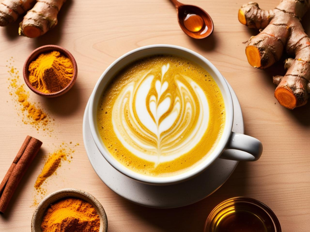 Latte art on turmeric latte surrounded by turmeric powder and fresh turmeric roots.