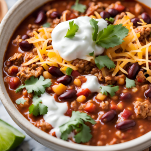 A bowl of turkey chili garnished with cheese, jalapeño slices, and cilantro.