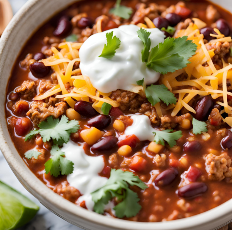 A bowl of turkey chili garnished with cheese, jalapeño slices, and cilantro.