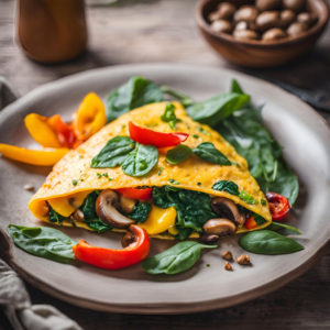 A colorful omelette stuffed with mushrooms, spinach, and bell peppers, garnished with fresh basil.