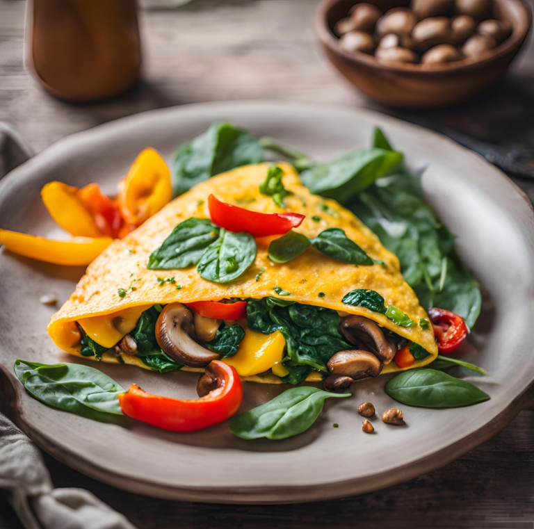 A colorful omelette stuffed with mushrooms, spinach, and bell peppers, garnished with fresh basil.