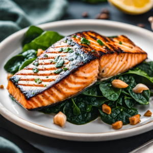 Close-up of grilled salmon fillet served over fresh spinach and roasted garlic cloves.