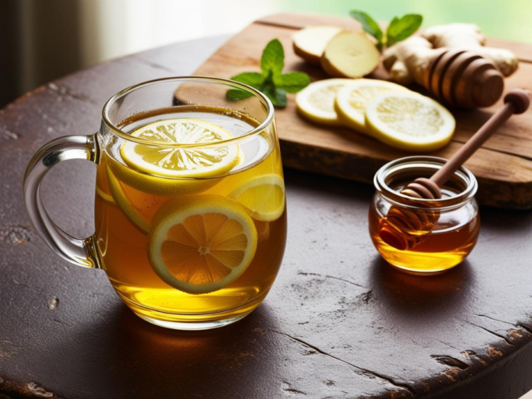 A clear glass mug of Ginger Lemon Detox Tea with lemon slices, fresh mint, and honey jar on a rustic wooden table.