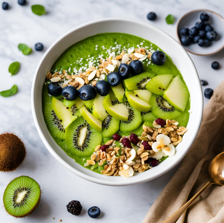 A smoothie bowl garnished with kiwi, blueberries, and granola, with a "Detox Green Smoothie Bowl" text overlay for a healthy diet.