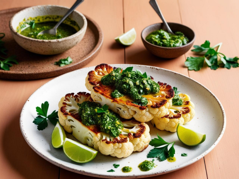 Roasted cauliflower steaks topped with chimichurri sauce, styled with fresh limes and herbs for a vibrant presentation.