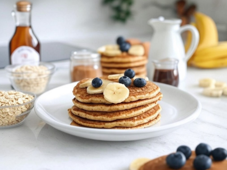 A plate of banana oatmeal pancakes topped with blueberries and banana slices surrounded by oats, syrup, and fresh ingredients.