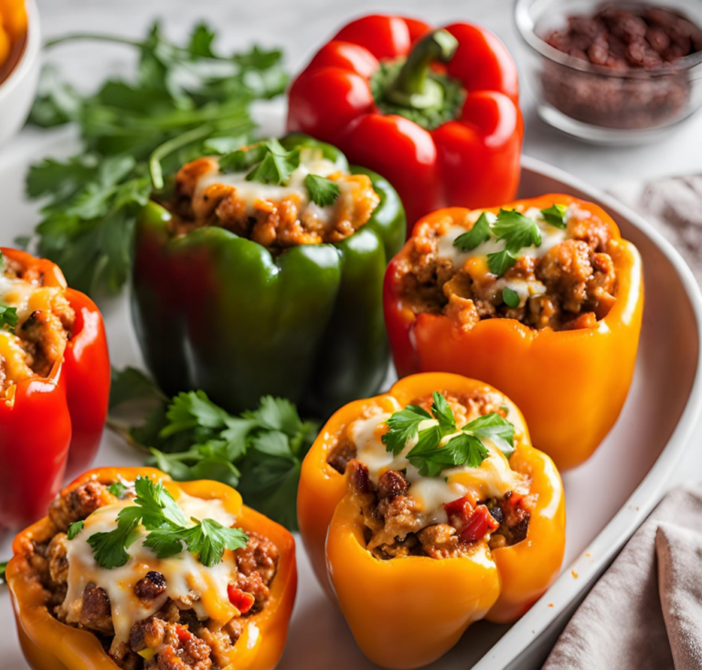 A variety of stuffed bell peppers with melted cheese in a white baking dish surrounded by fresh parsley.