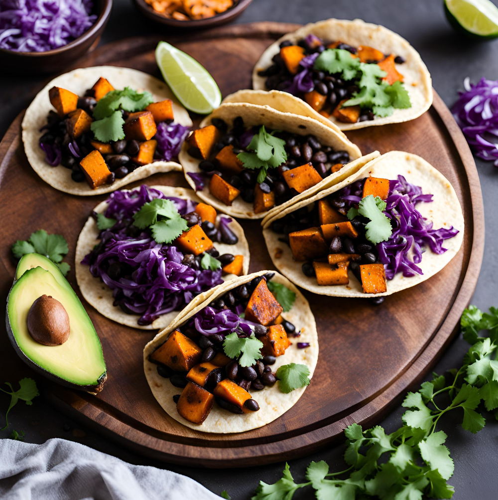 Sweet Potato and Black Bean Tacos served on a rustic wooden plate with avocado and fresh cilantro.