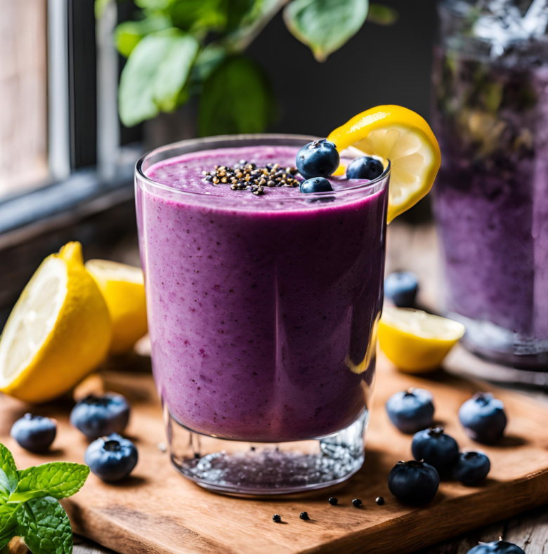 A close-up of a creamy Blueberry Ginger Detox Smoothie garnished with a lemon slice and fresh blueberries on a wooden board.