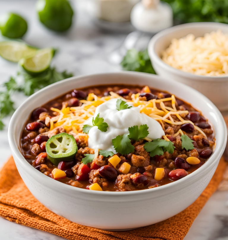 Slow cooker turkey chili served with shredded cheese, sour cream, and fresh herbs on a kitchen counter.