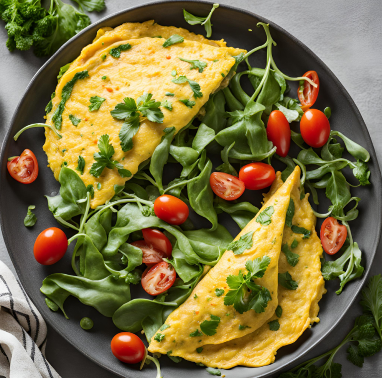 Two folded omelettes on a dark plate, garnished with parsley and cherry tomatoes, served with fresh greens.