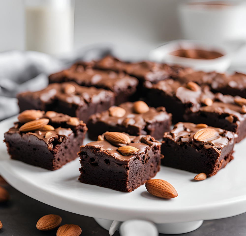 A batch of almond flour brownies displayed on a white cake stand with almond toppings, ready for serving.