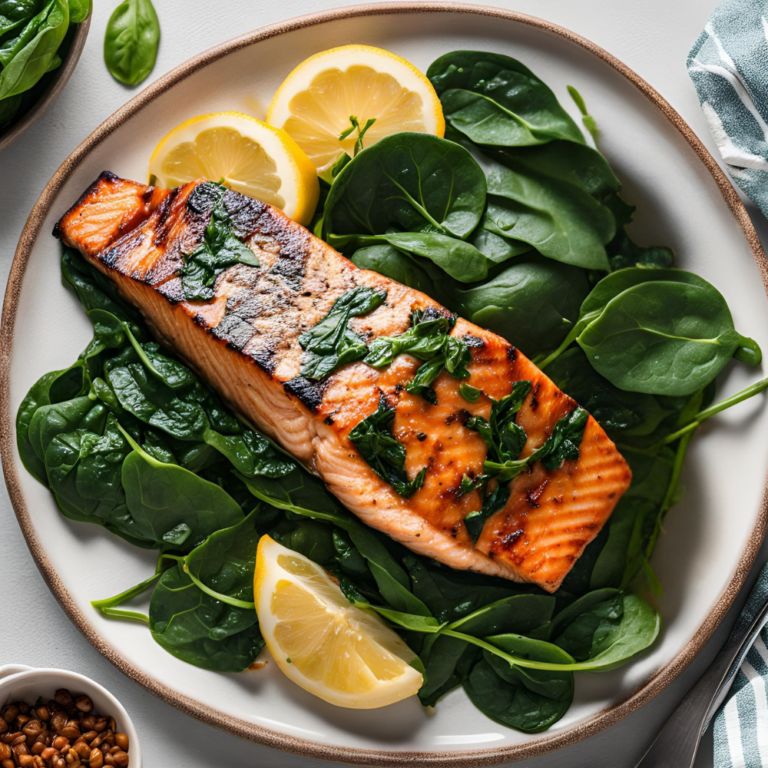 Grilled salmon fillet on a bed of spinach leaves with lemon wedges for garnish.