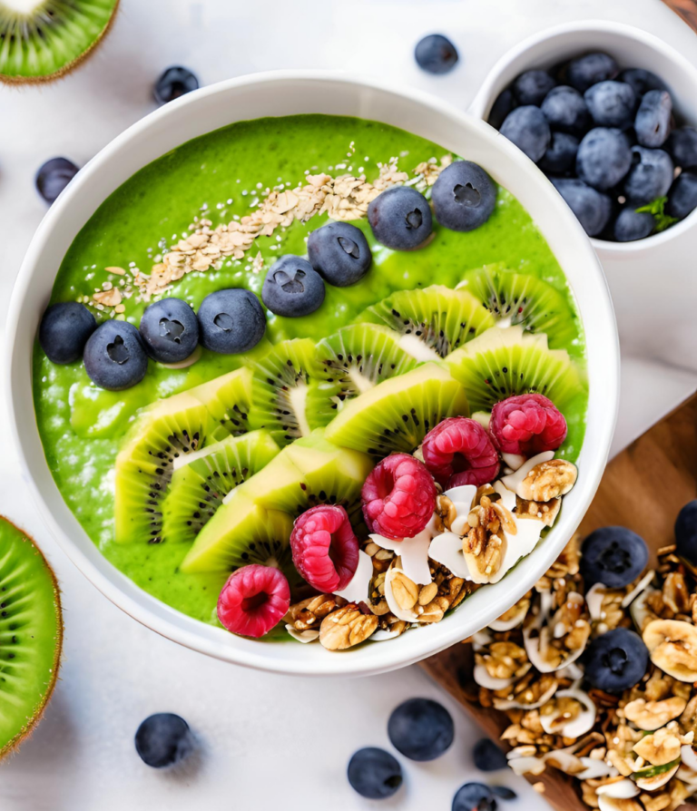 A green smoothie bowl garnished with fresh fruits, nuts, and seeds, surrounded by vibrant ingredients like kiwi slices and blackberries.