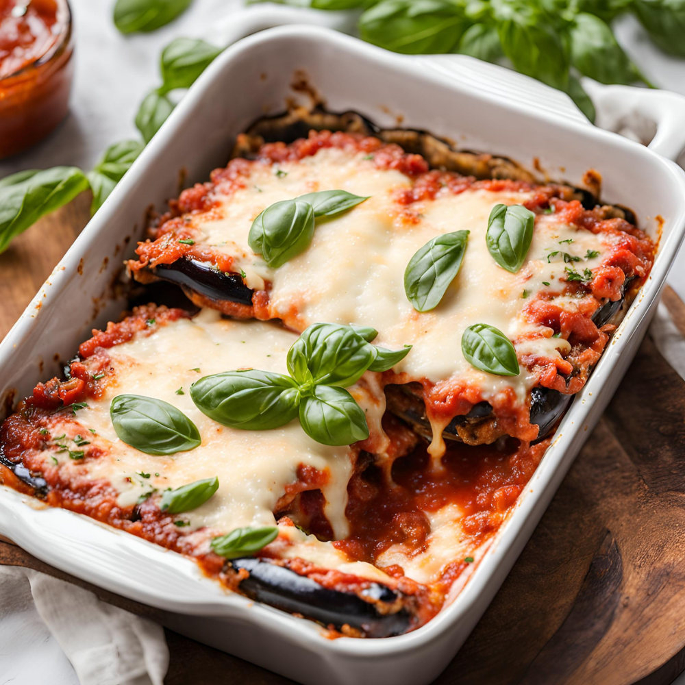 A casserole dish of Eggplant Parmesan, bubbling with cheese and garnished with basil.
