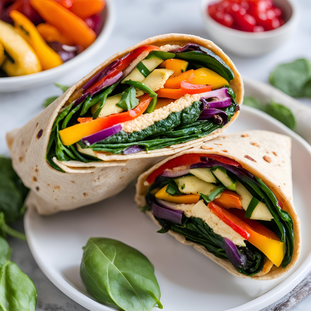 A close-up of two veggie wraps filled with spinach, bell peppers, and creamy hummus on a white plate.