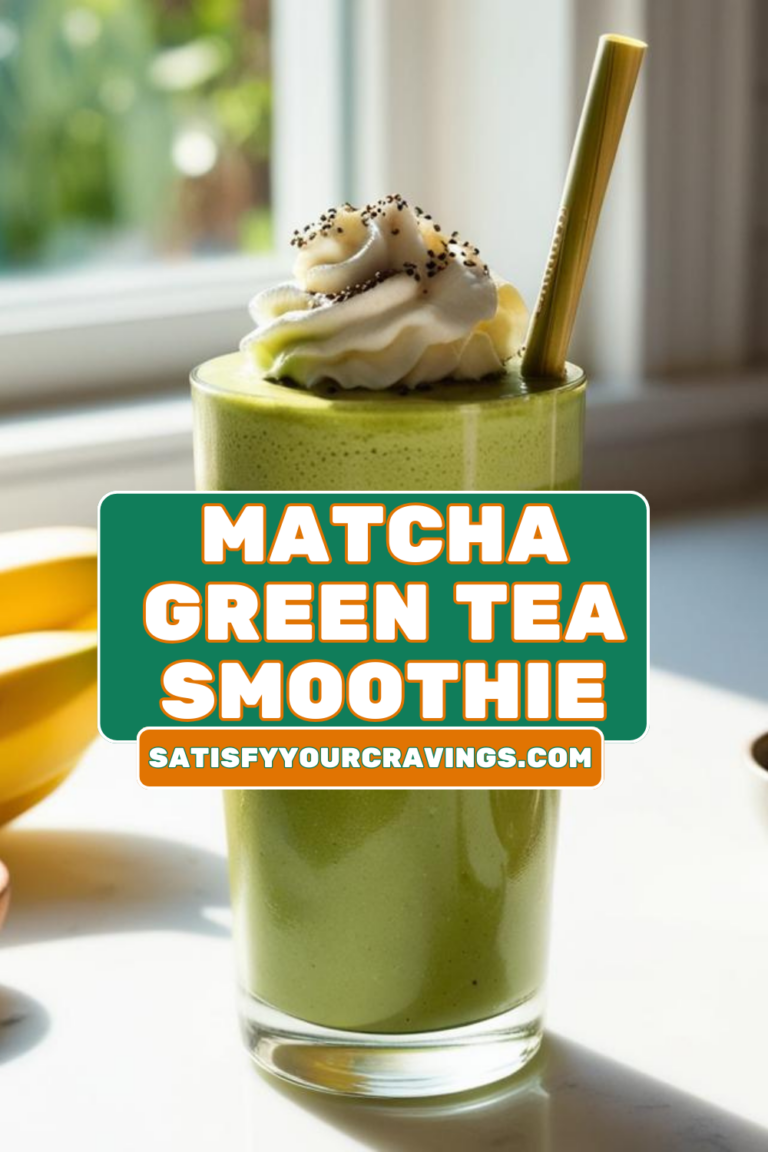 Matcha Green Tea Smoothie Pinterest pin with text overlay reading “Matcha Green Tea Smoothie” and the blog name satisfyyourcravings.com.