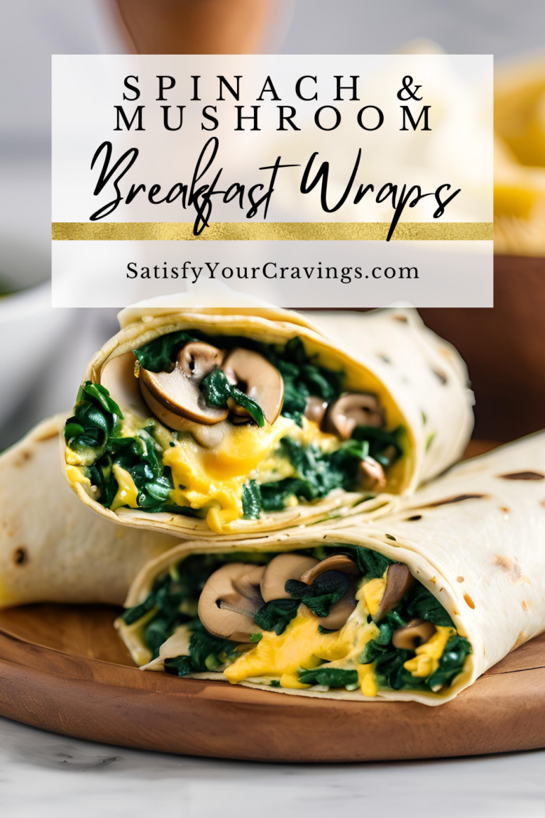 A promotional image of spinach and mushroom breakfast wraps with vibrant colors and a clean design.