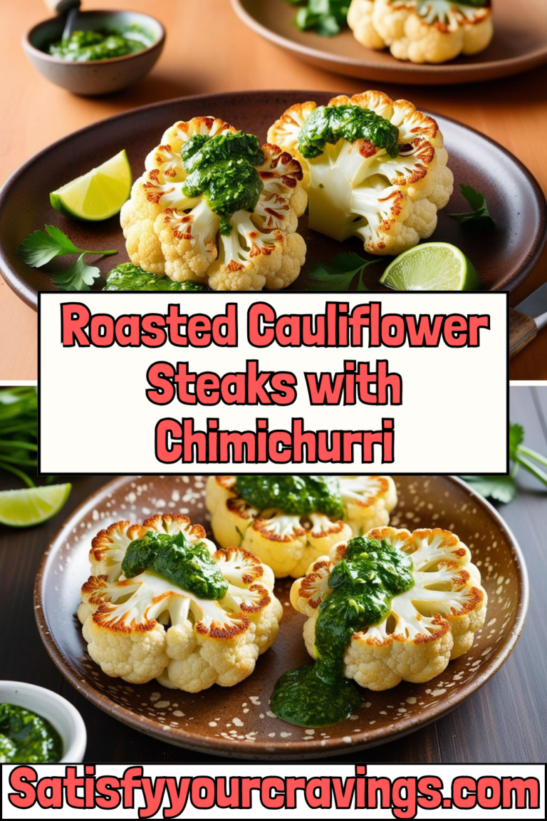 Collage of roasted cauliflower steaks topped with chimichurri, with text overlay promoting Satisfy Your Cravings.