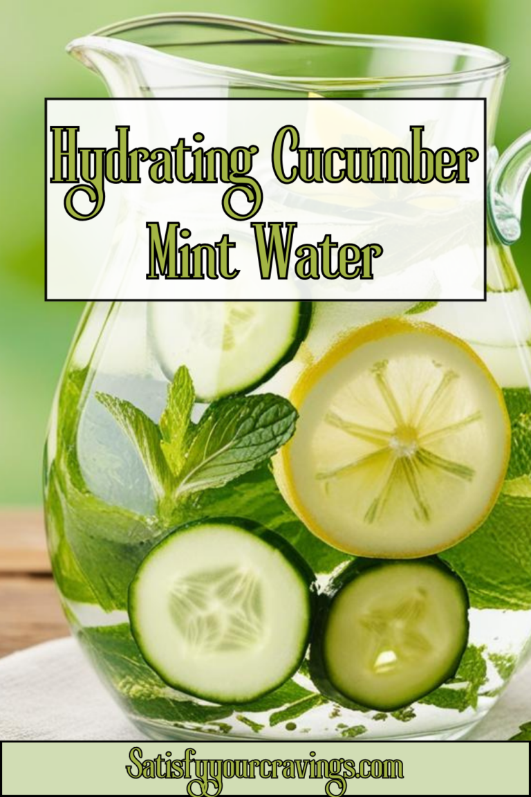 Pinterest graphic for Hydrating Cucumber Mint Water recipe with a pitcher of water and ingredients.