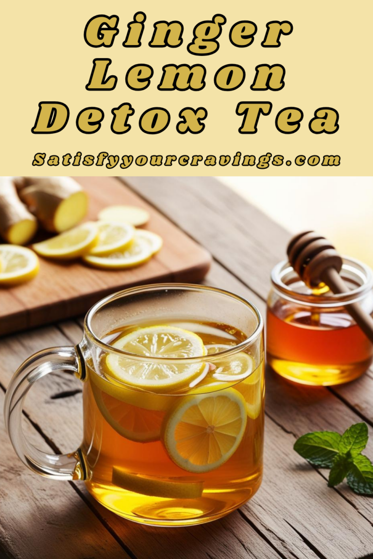 A Pinterest-friendly graphic featuring Ginger Lemon Detox Tea with a tagline for Satisfy Your Cravings blog.