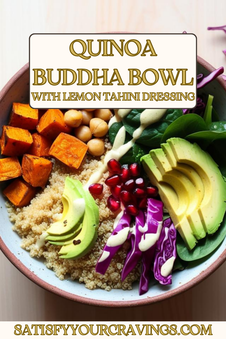 Pinterest graphic of a quinoa Buddha bowl with roasted vegetables, avocado, and tahini dressing, perfect for clean eating recipes.