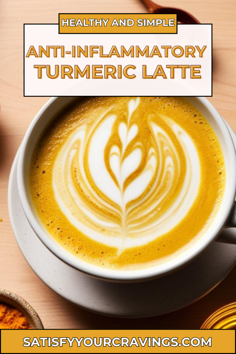 Anti-inflammatory turmeric latte with elegant latte art and bold title text.