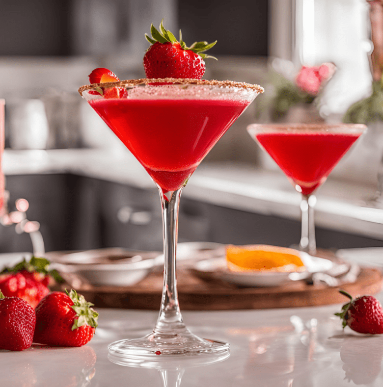 A vibrant red strawberry cocktail in a martini glass with a sugared rim, garnished with a fresh strawberry.