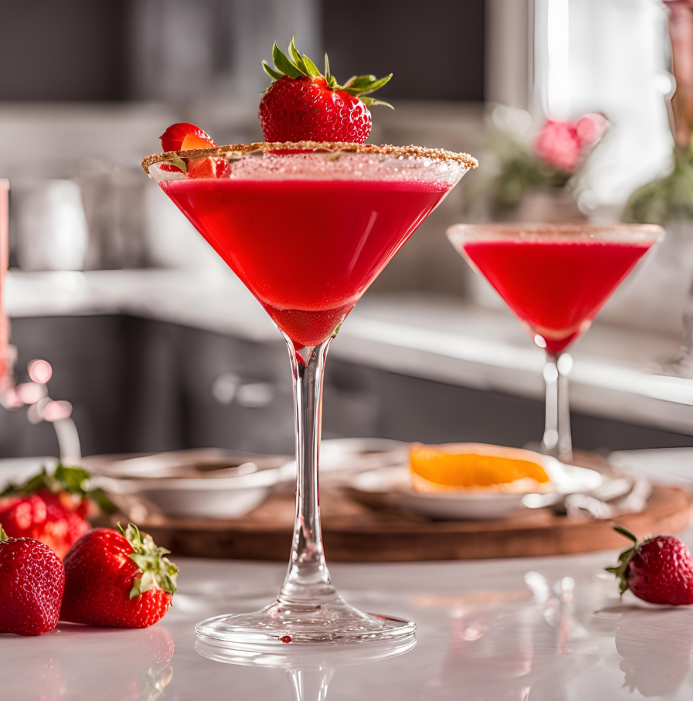 A vibrant red strawberry cocktail in a martini glass with a sugared rim, garnished with a fresh strawberry.