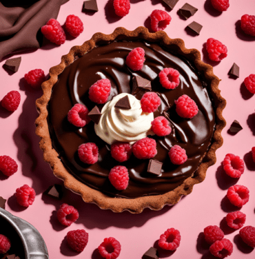 A rich chocolate raspberry tart with a smooth ganache filling, topped with fresh raspberries and dark chocolate pieces, sitting on a pink background.