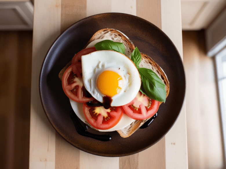 A top-down view of a Caprese Breakfast Sandwich with a perfectly cooked sunny-side-up egg, fresh tomatoes, basil, and a drizzle of balsamic glaze on toasted artisan bread.