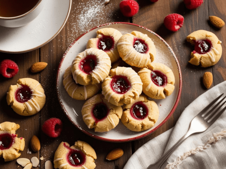 A plate of raspberry almond thumbprint cookies with a golden crust, filled with vibrant red raspberry jam and drizzled with almond glaze, surrounded by fresh raspberries and almonds.