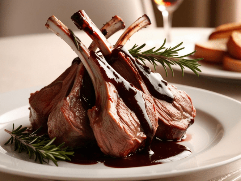 Succulent lamb chops stacked elegantly, drizzled with rich red wine sauce and garnished with rosemary.