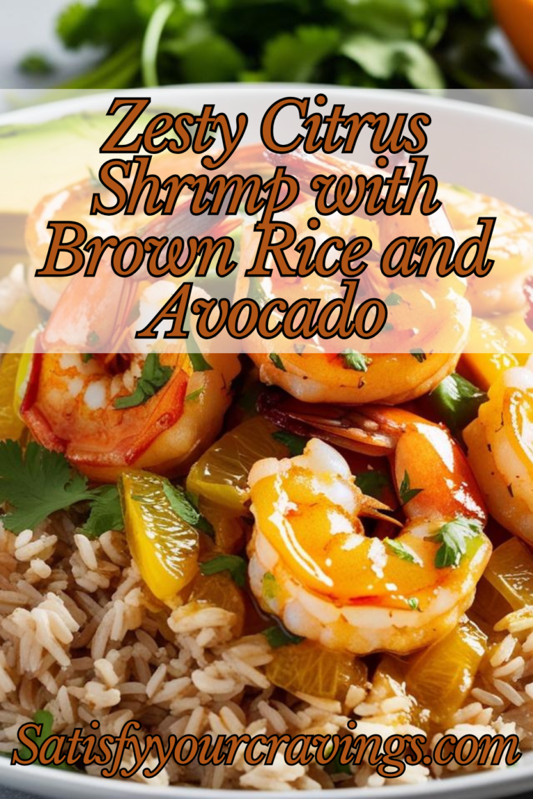 Close-up of Zesty Citrus Shrimp served over brown rice with avocado and orange slices.